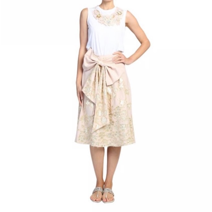 Badgley Mischka Bow Front Skirt Light Pink Gold Floral Appliqu Knee Sz 8 A-Line